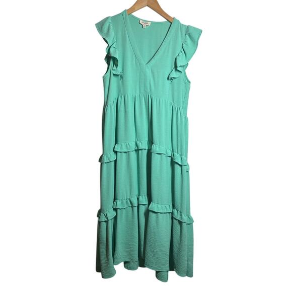 Umgee Women S Emerald Teal Ruffle Tiered Flutter Sleeve Midi Dress - Picture 1 of 7